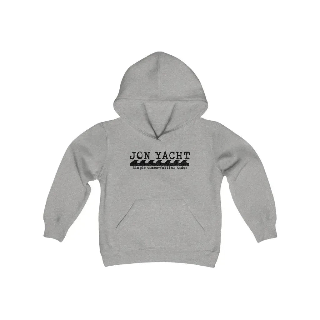 Youth Simple Times gray hooded sweatshirt with "JON YACHT simple times-falling tides" graphic and kangaroo pocket.