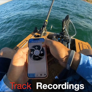 AUTOBOAT Smart Head GPS Pro Anchor System remote showing track recordings feature on a 12V Minn Kota 30–55lb trolling motor while fishing on open water