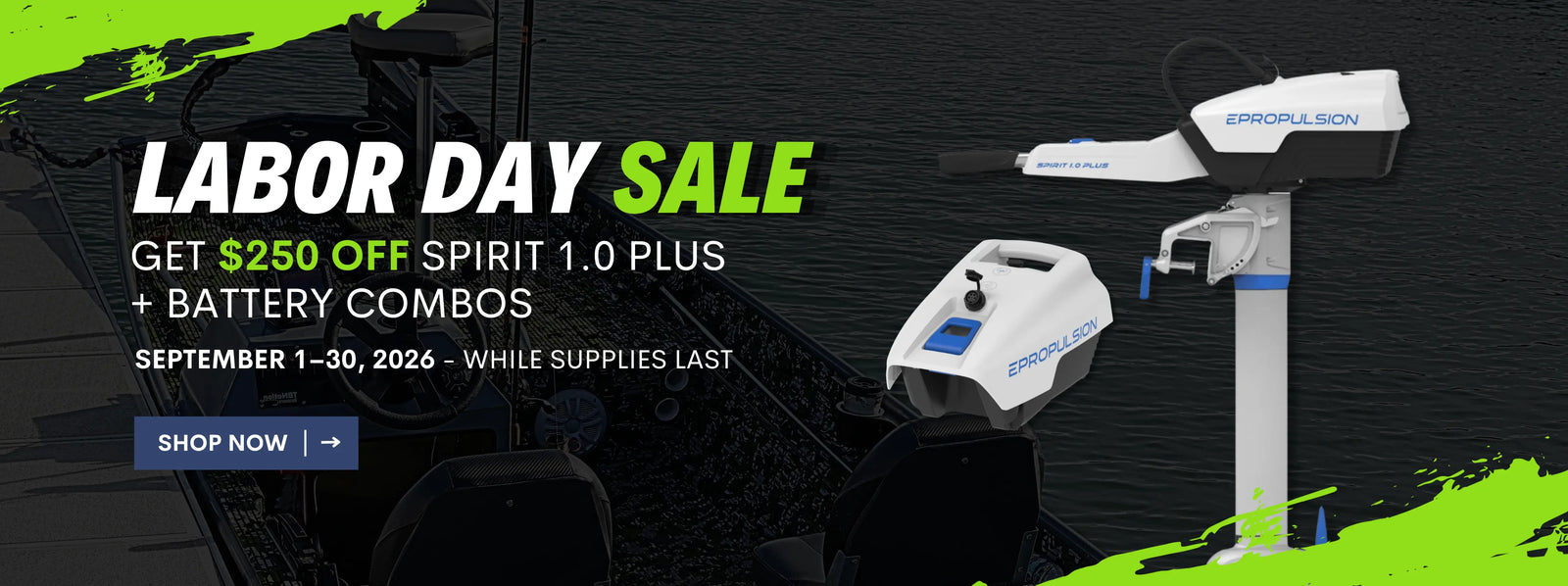 Promotional sale graphic for a boat motor accessory, showing a white and blue trolling motor and battery combo on a dark water background with bold text reading 'LABOR DAY SALE' and a 'SHOP NOW' button.