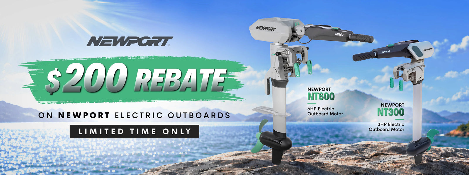 Promotional banner advertising a limited time $200 rebate on Newport electric outboards, displaying the Newport NT600 6HP and Newport NT300 3HP electric outboard motors set against an ocean backdrop.