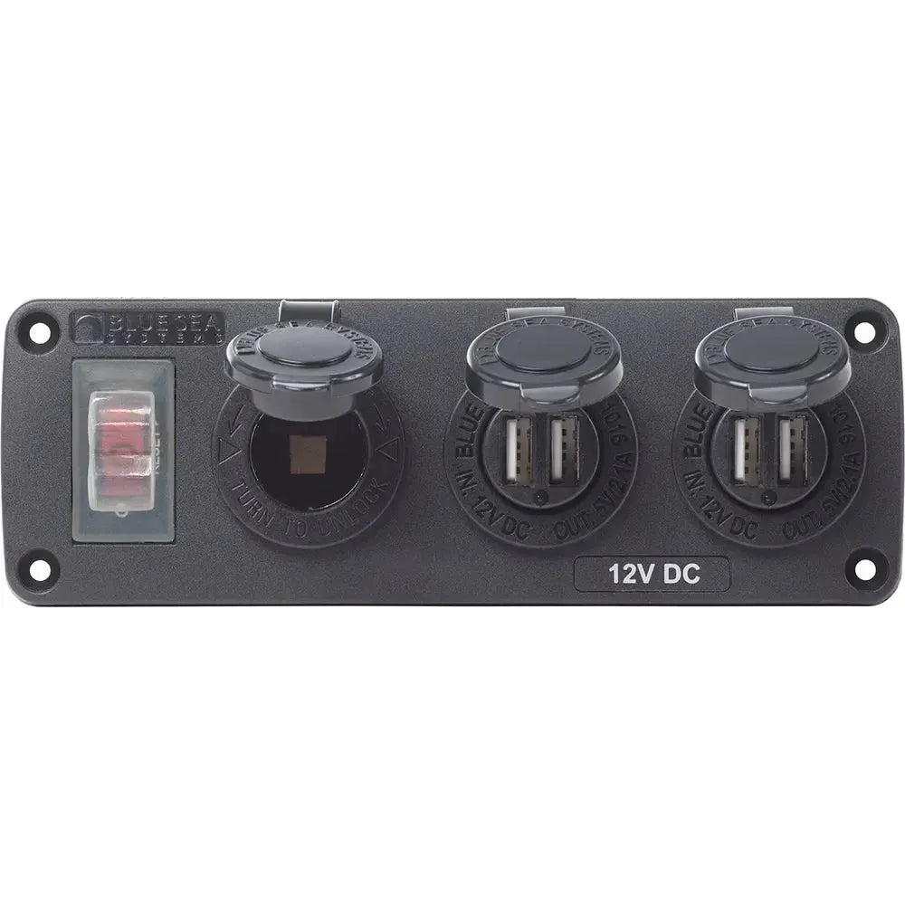 Blue Sea 4365 Water Resistant USB Accessory Panel - 15A Circuit Breaker, 12V Socket, 2x 2.1A Dual USB Chargers-Electrical-1-Tiny Boat Nation