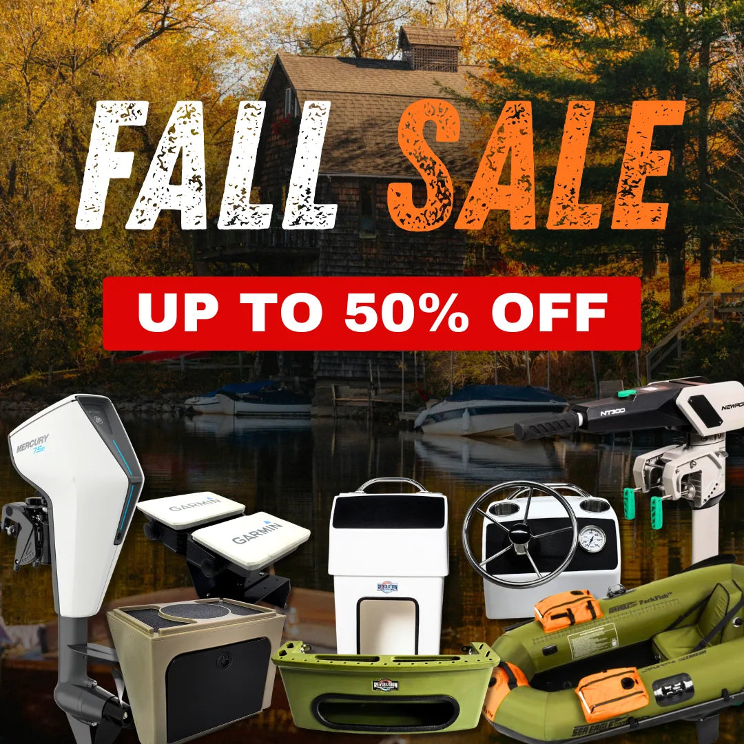 a banner showing fall sale with jon boat accessories and inflatable boat.