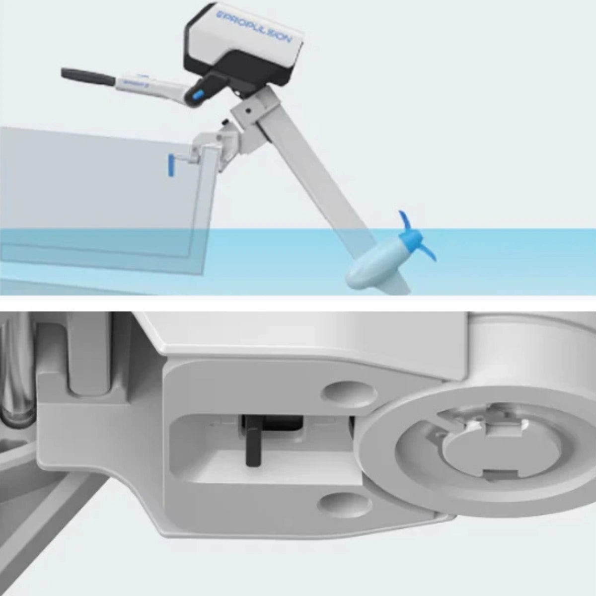 The ePropulsion Spirit 2 outboard motor showing its shallow water drive position and a close-up of the robust transom mounting hardware.