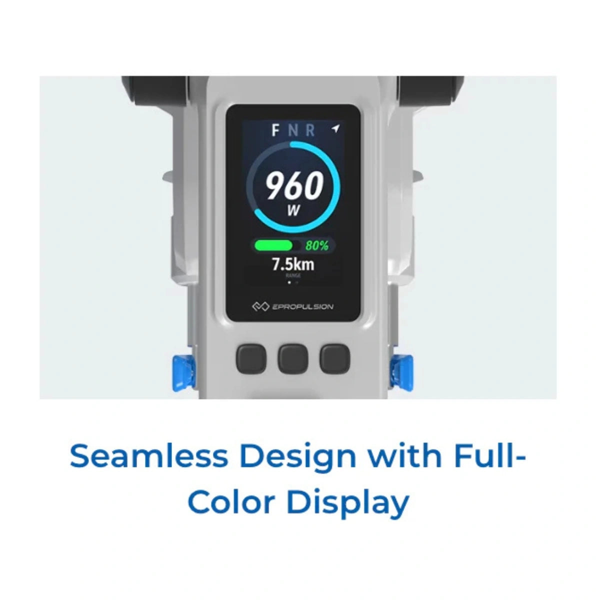 The full-color digital display of the ePropulsion Spirit 2 showing real-time power consumption, battery percentage, and remaining range.
