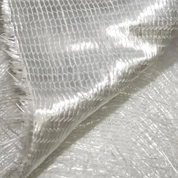 White 1708 biaxial fiberglass mat with a visible +/- 45-degree stitch pattern and frayed edges.