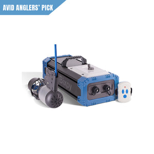 Bixpy underwater robot with remote control on a white background, labeled 'Avid Anglers' Pick'.