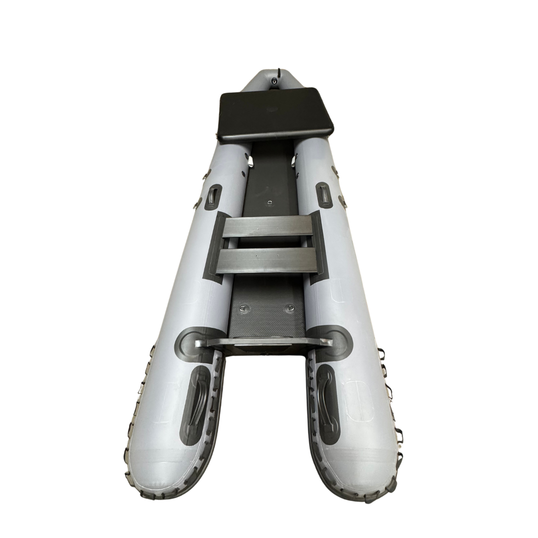 A gray inflatable dinghy boat with a black seat and gray metal ladder, shown from a top-down perspective on a white background.