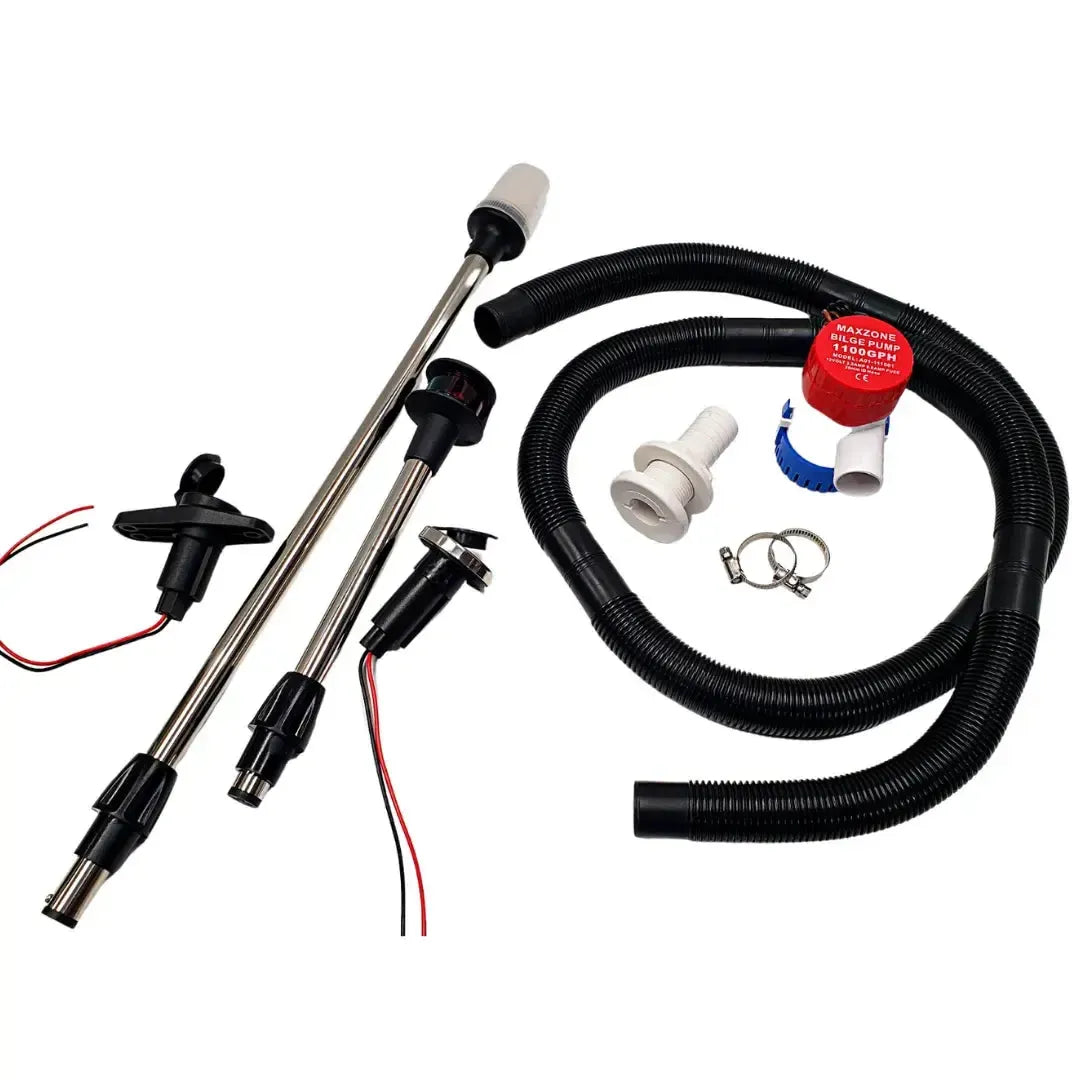 Boat safety electrical kit with silver navigation lights, black bilge pump, hose, clamps, and thru-hull fitting.