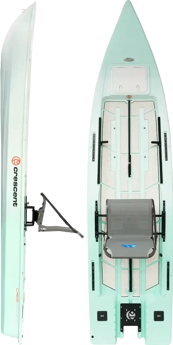 Seafoam Crescent Cres-Craft fishing skiff/kayak with a gray mesh seat and storage hatch.