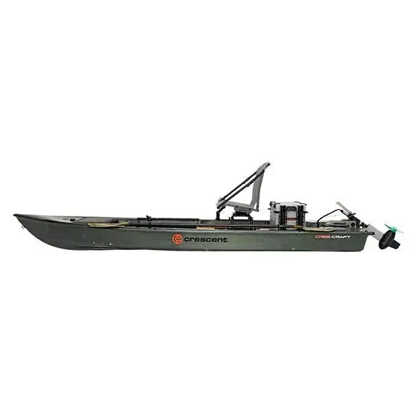Olive Crescent Cres-Craft fishing skiff with motor, elevated seat, and storage.