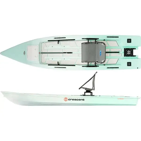 Top and side view of a Seafoam Crescent Cres-Craft fishing skiff with a gray seat and motor mount.