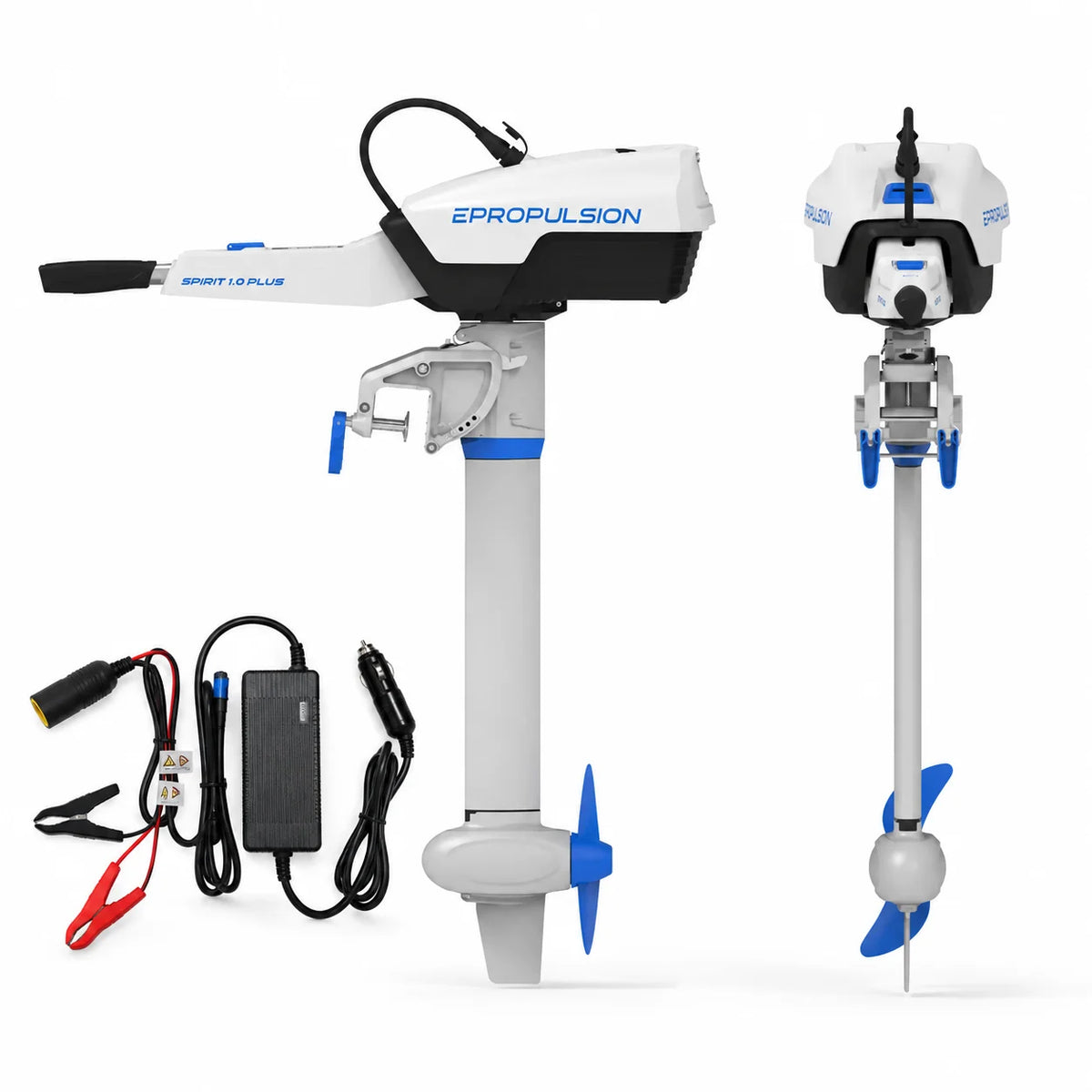 ePropulsion Spirit 1.0 Plus electric outboard motor shown from side and front profiles alongside its included 12V charger kit.