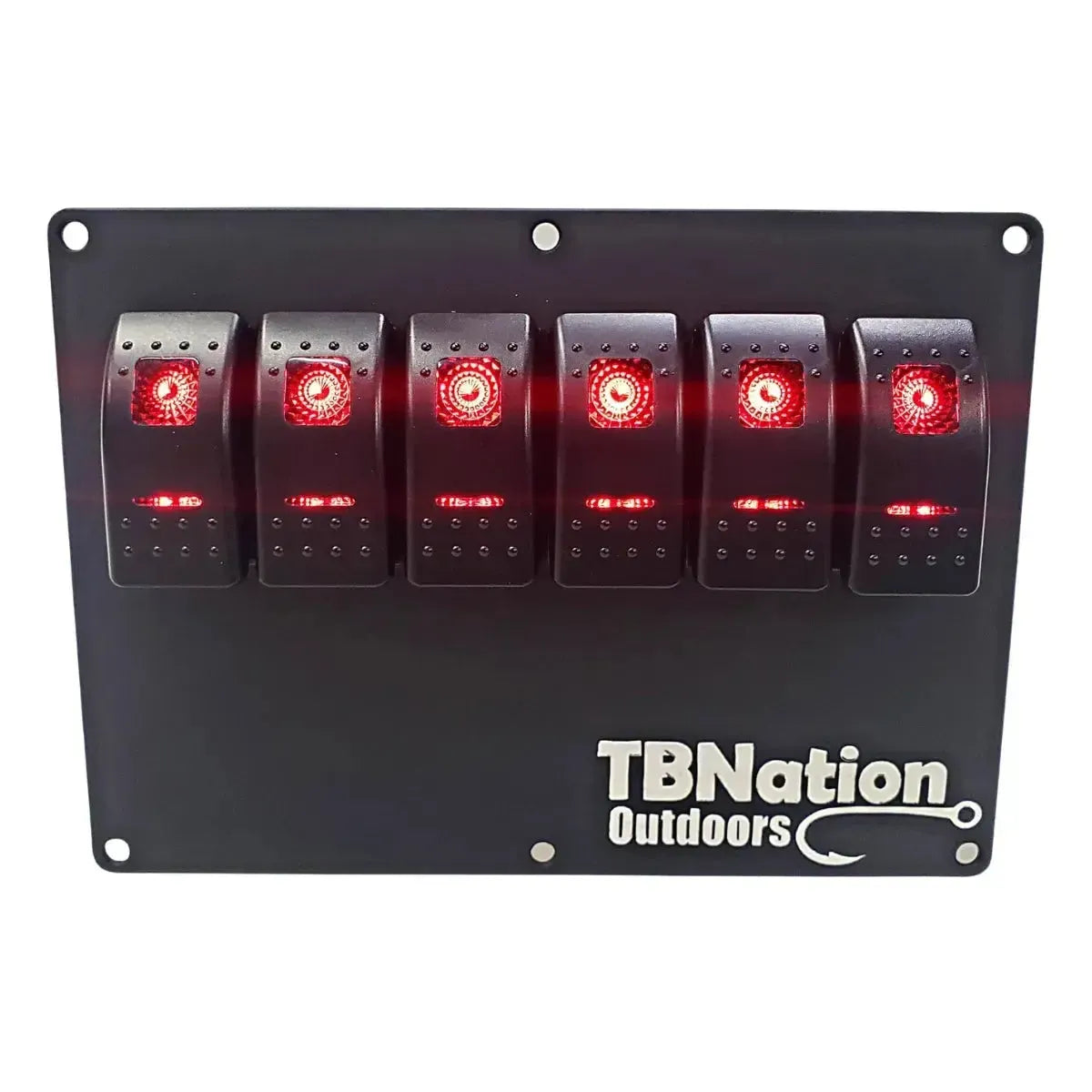 Black 6-position switch panel with red LED rocker switches and "TBNation Outdoors" logo
