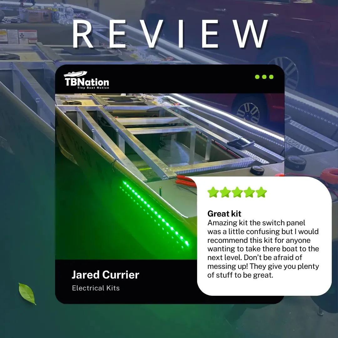 Green LED strip lighting installed on the aluminum frame of a boat, with a customer review overlay.