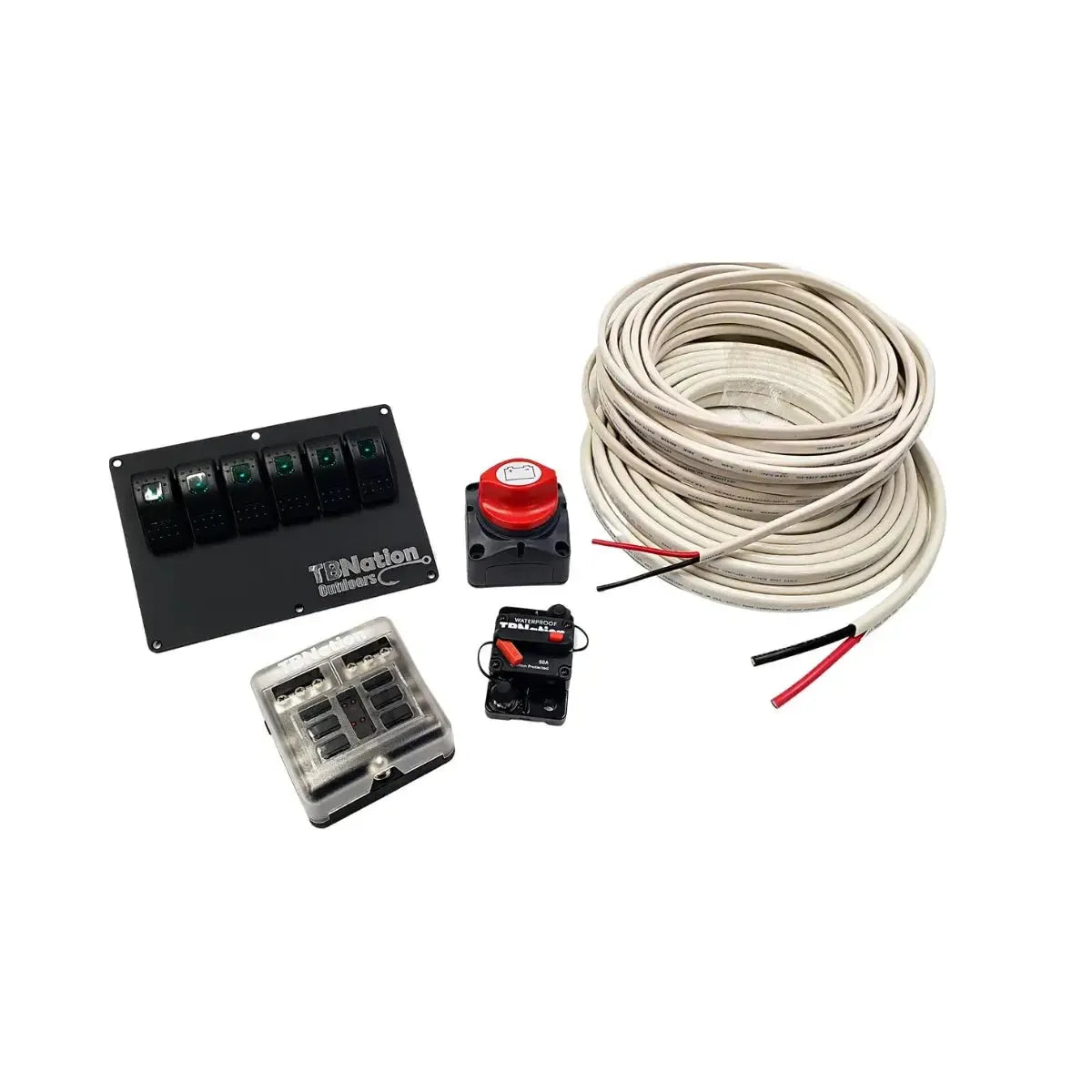Electrical kit with white wire spool, black 6-switch panel, red battery switch, fuse box, and breaker.