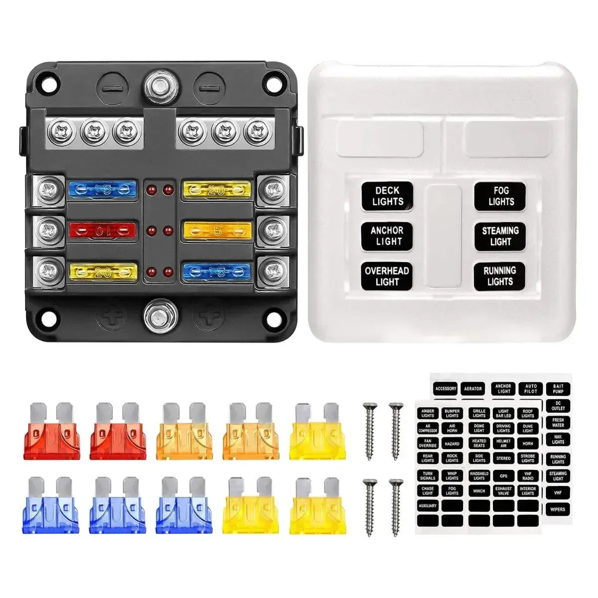 Black 6-position fuse box with colorful fuses, white 6-gang switch panel, extra fuses, screws, and label stickers.