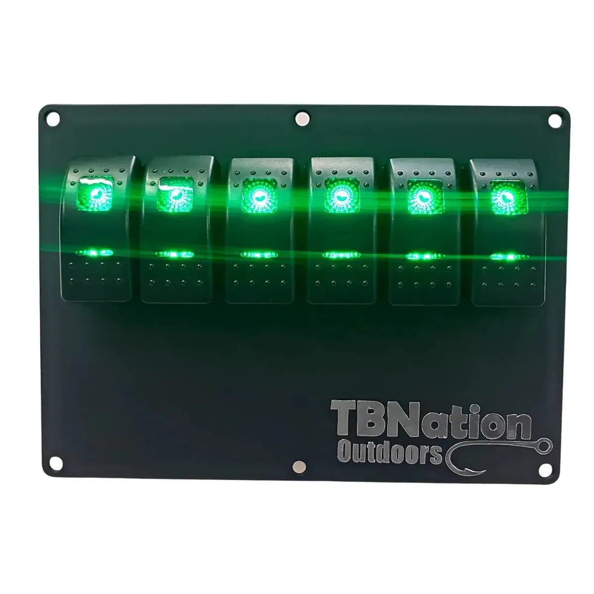 Black 6-position switch panel with illuminated green rocker switches and "TBNation Outdoors" logo.
