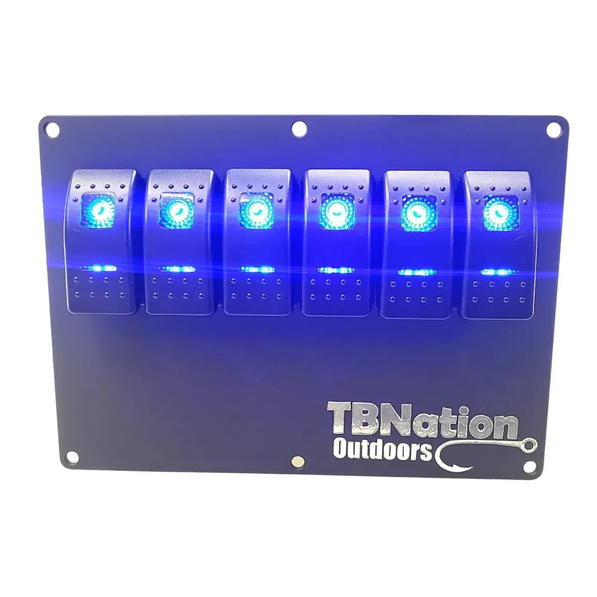 Black 6-position switch panel with illuminated blue rocker switches and "TBNation Outdoors" logo