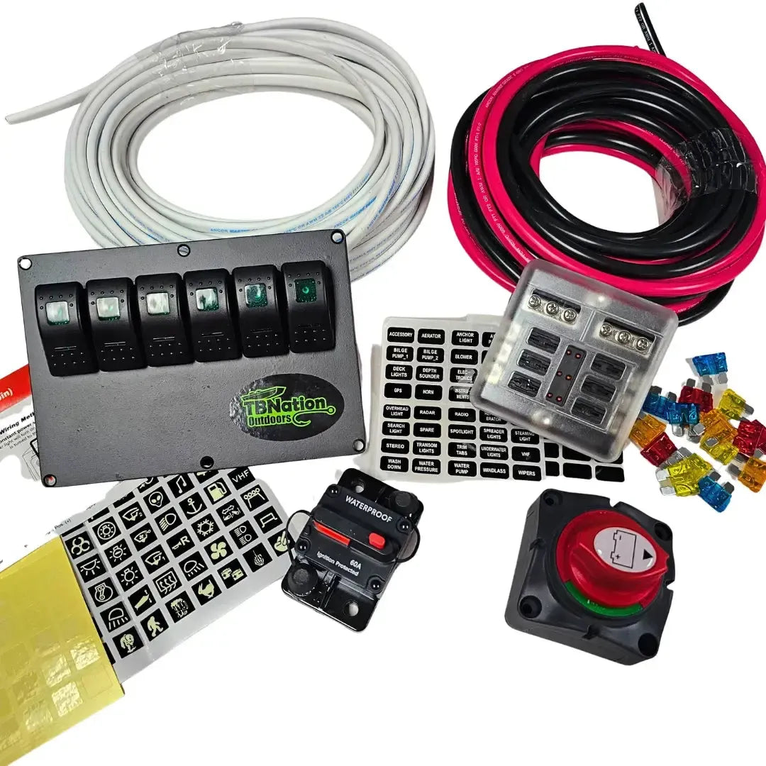Electrical wiring kit with white and red/black wires, a 6-position switch panel, fuse box, breaker, and battery switch.
