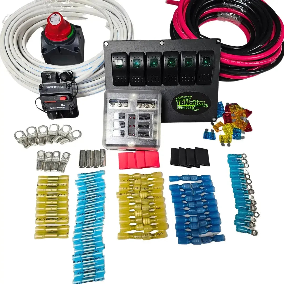 Electrical kit with white and red/black wires, a 6-position switch panel, fuse box, breaker, battery switch, and various connectors.