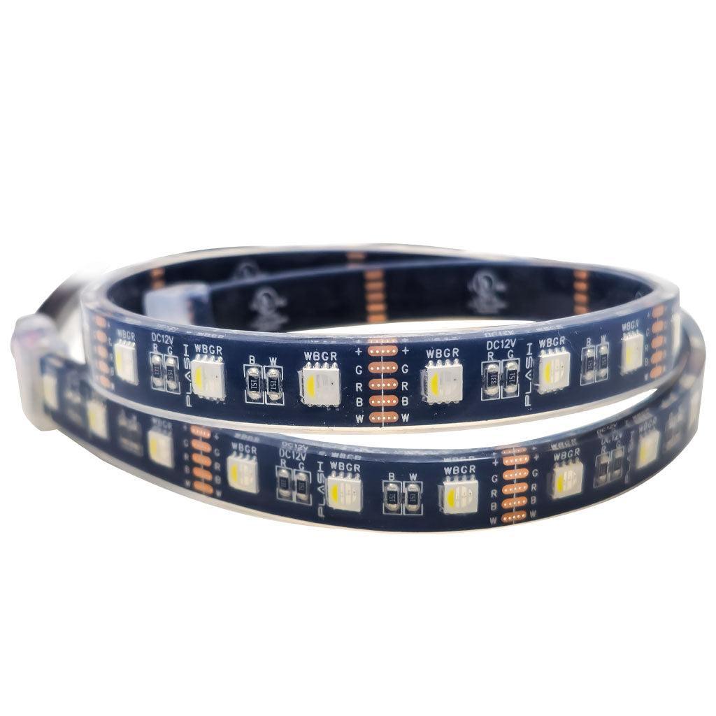 Close-up of a Plash LED strip with visible circuitry on a white background