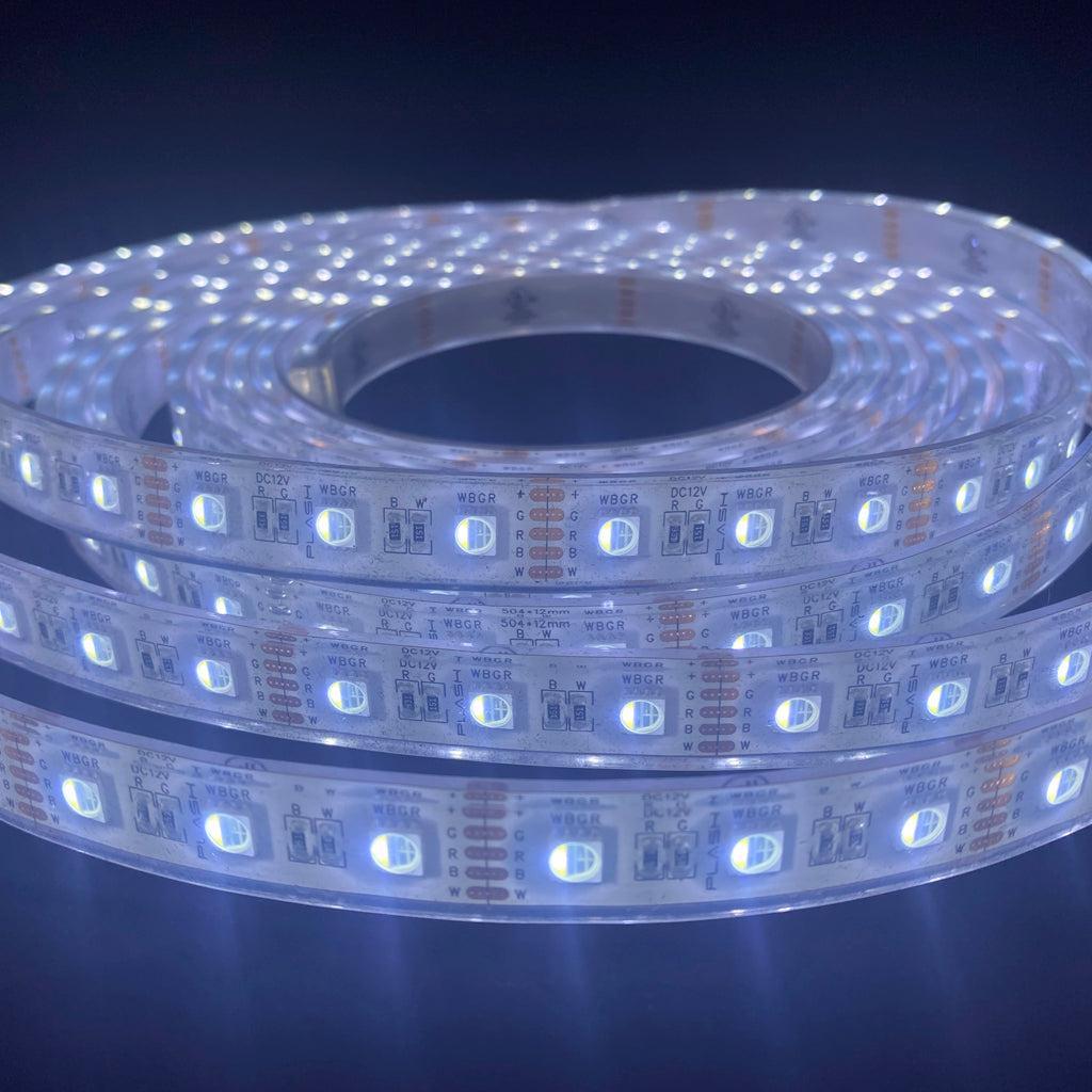 A coiled Plash LED light strip with many illuminated white LEDs, photographed against a dark blue background.