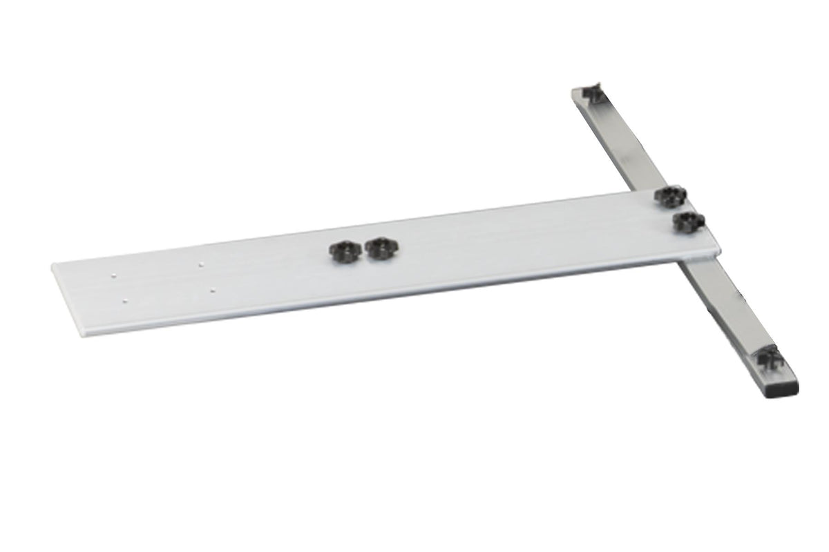 A silver metal mounting bracket with black adjustment knobs and screws, shown on a plain white background.