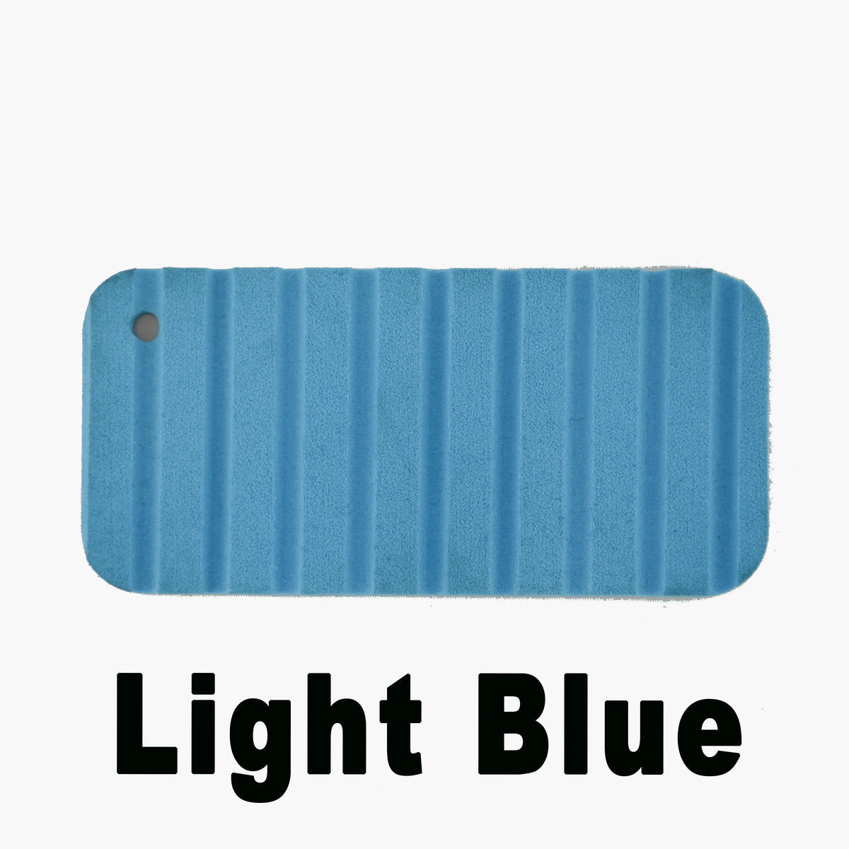 Light blue Hydro Turf Cut Groove EVA foam traction mat sample with a hole.