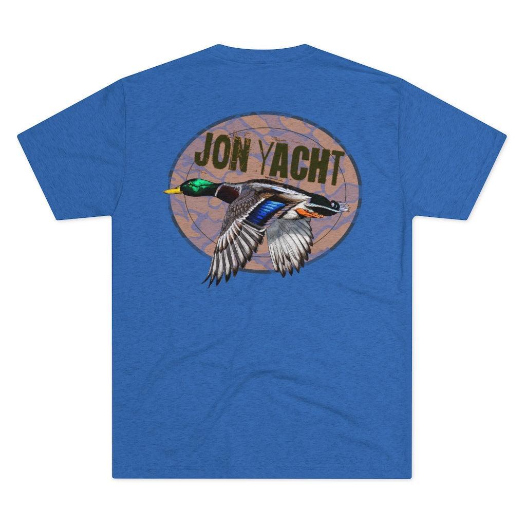 A heather blue short-sleeve t-shirt with a large graphic on the back featuring a mallard duck flying in front of a circular logo that reads 'JON YACHT'.