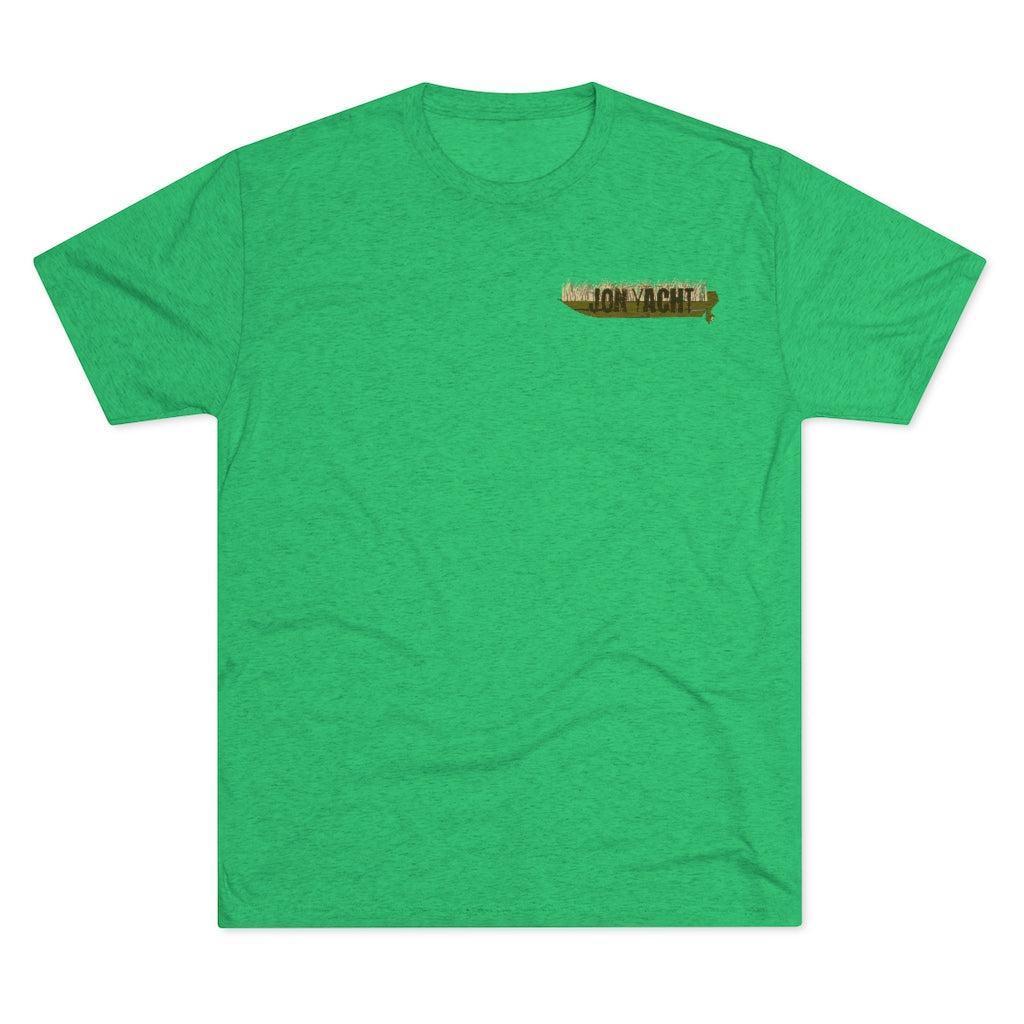 A bright green heather short-sleeve t-shirt with a small horizontal graphic on the left chest reading 'JON YACHT'.