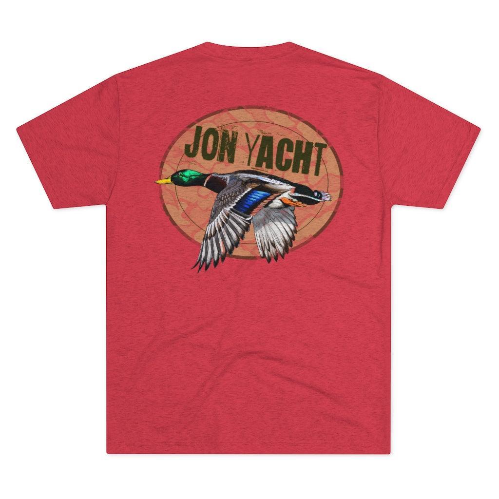 A heather red short-sleeve t-shirt with a large graphic on the back featuring a flying mallard duck and a circular brown logo that reads 'JON YACHT'.