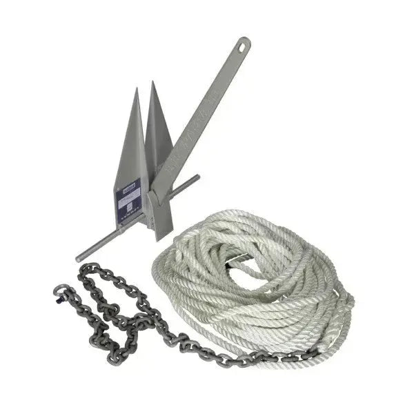 Lewmar 10lb LFX anchoring kit with a gray aluminum anchor, dark chain, and coiled white rope.