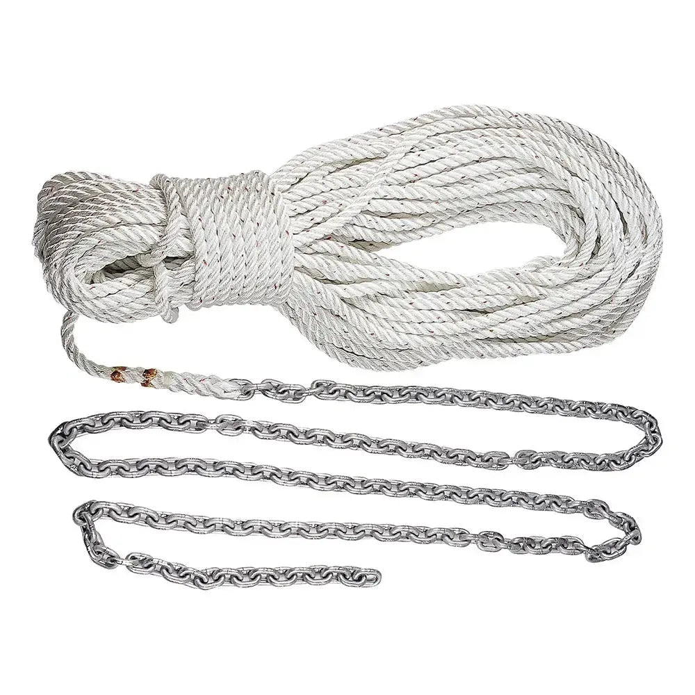 Lewmar anchor rode with white 5/8" rope and 5/16" galvanized G4 chain, coiled and extended.