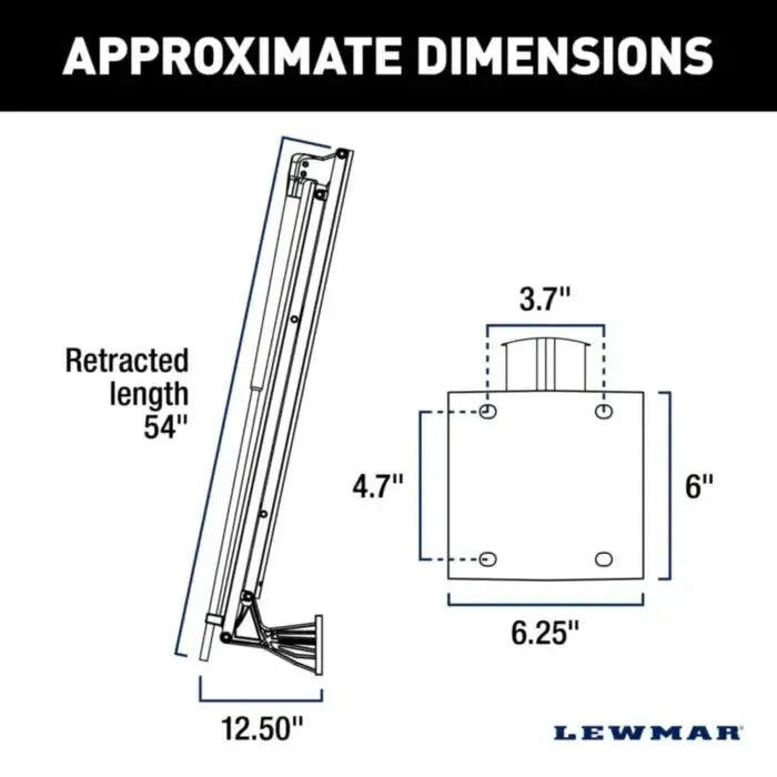 Line drawing of Lewmar Axis electric shallow water anchor dimensions: 54" retracted length, 12.5" width.
