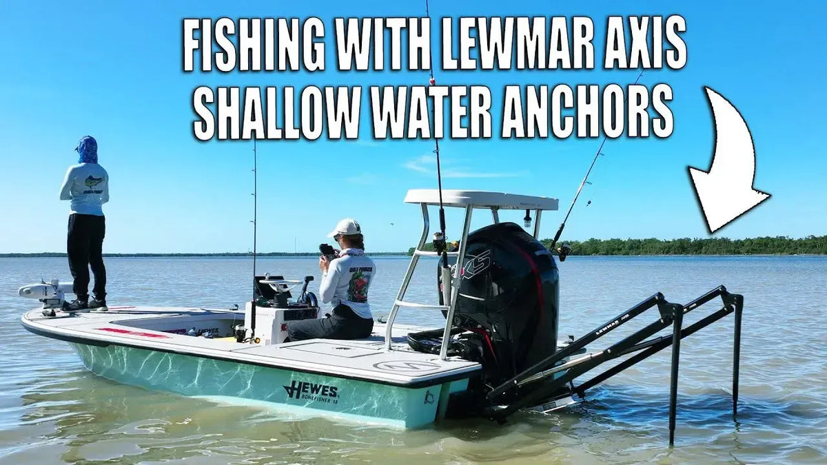 Lewmar Axis Electric Shallow Water Anchor in black, mounted on a boat's transom.