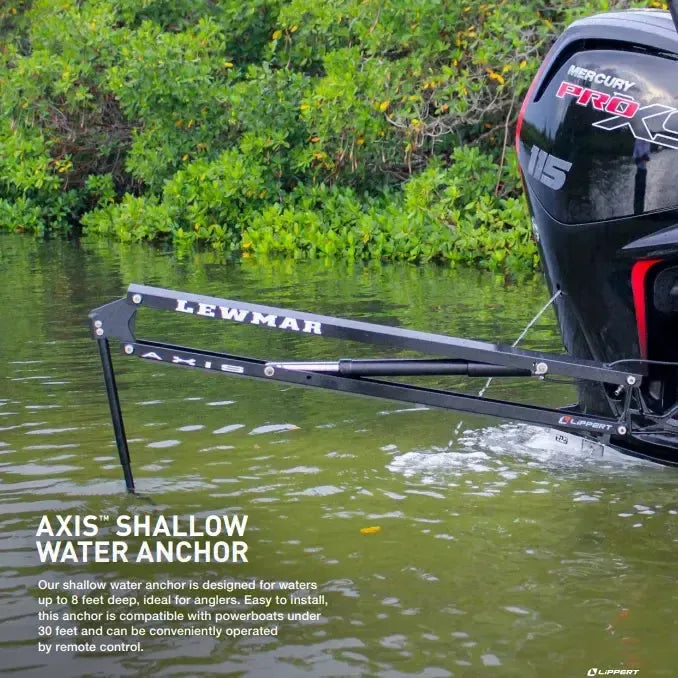 Black Lewmar Axis electric shallow water anchor mounted on a boat's transom.