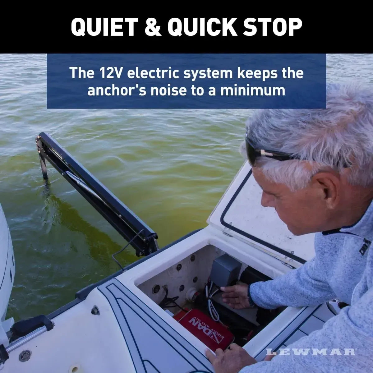 Man installing a black Lewmar Axis electric shallow water anchor on a white boat.
