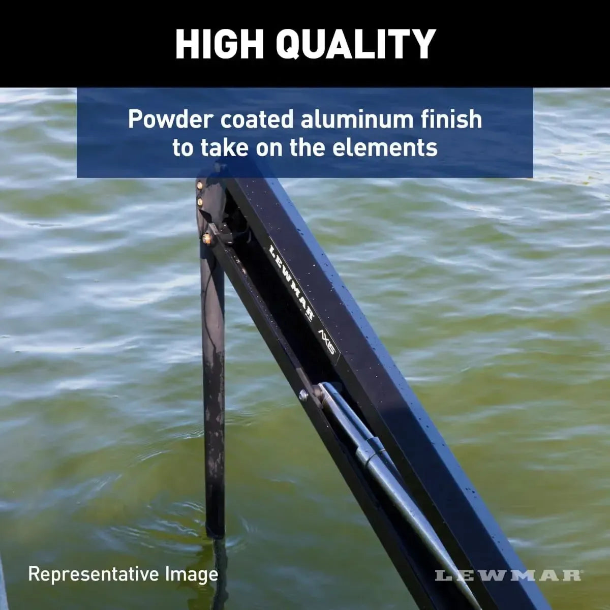 Black Lewmar Axis electric shallow water anchor with powder-coated aluminum finish, partially submerged.