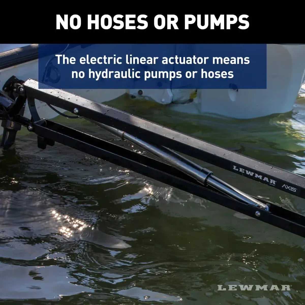 Black Lewmar Axis electric shallow water anchor with a silver linear actuator on a boat.