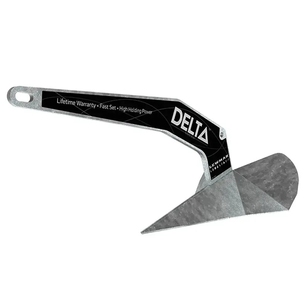 Lewmar Delta 35lb galvanized anchor with black label, self-launching design.