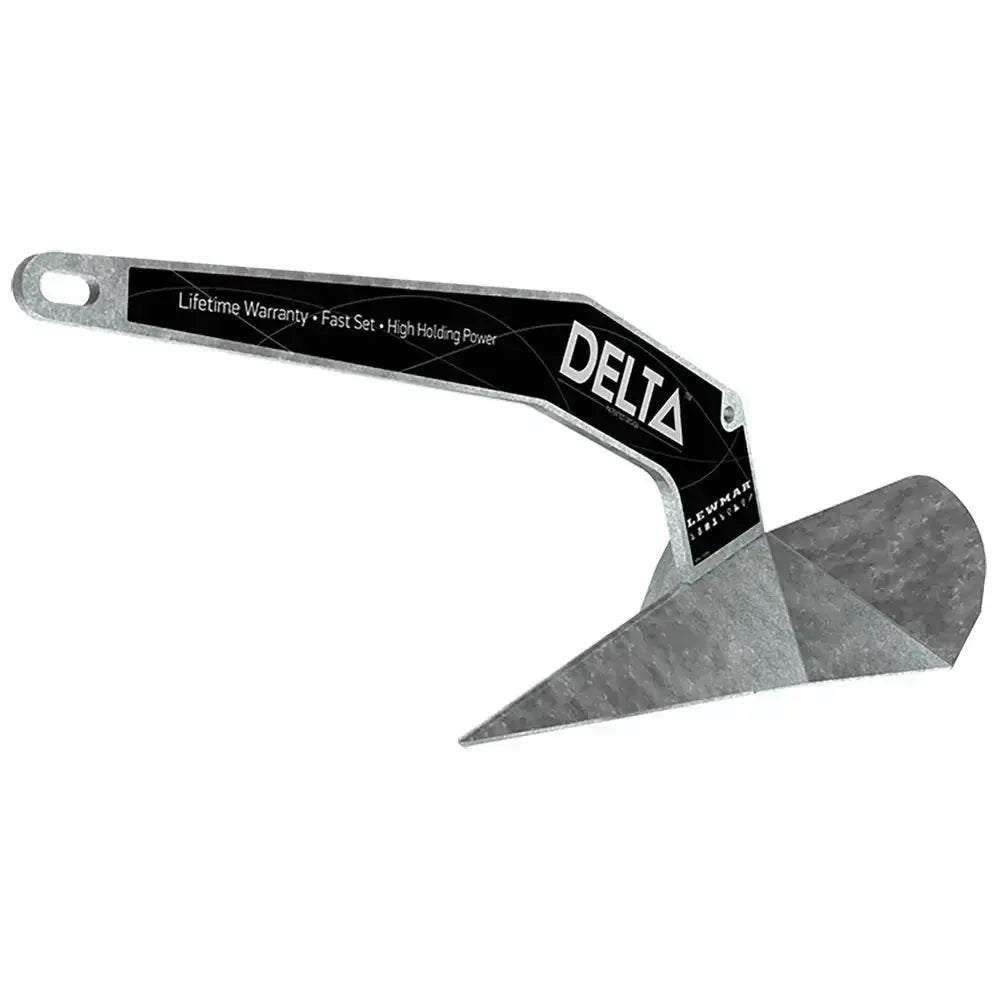 Lewmar Delta 9lb galvanized anchor with black label, self-launching design.
