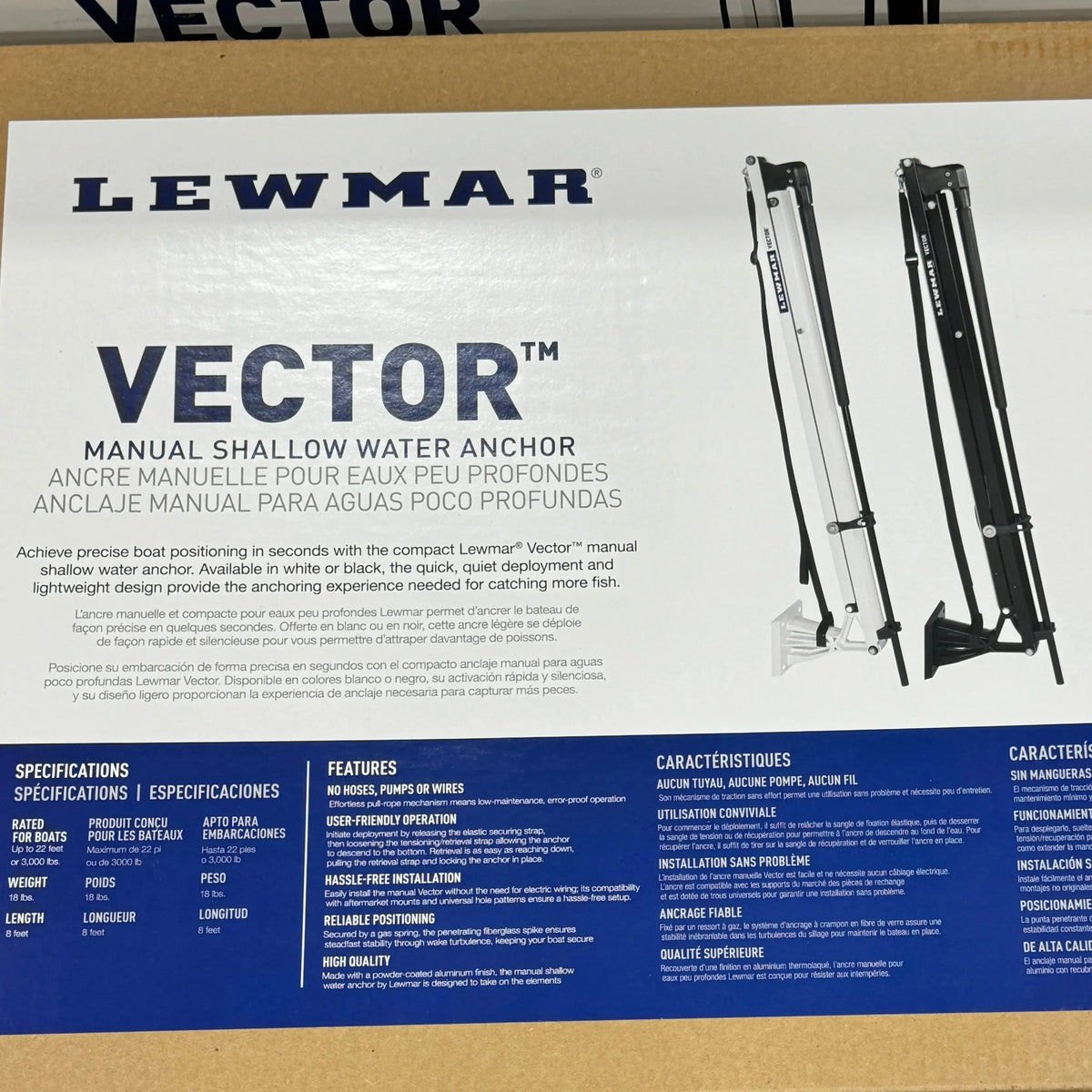 Black Lewmar Vector manual shallow water anchor for boats, with mounting hardware.