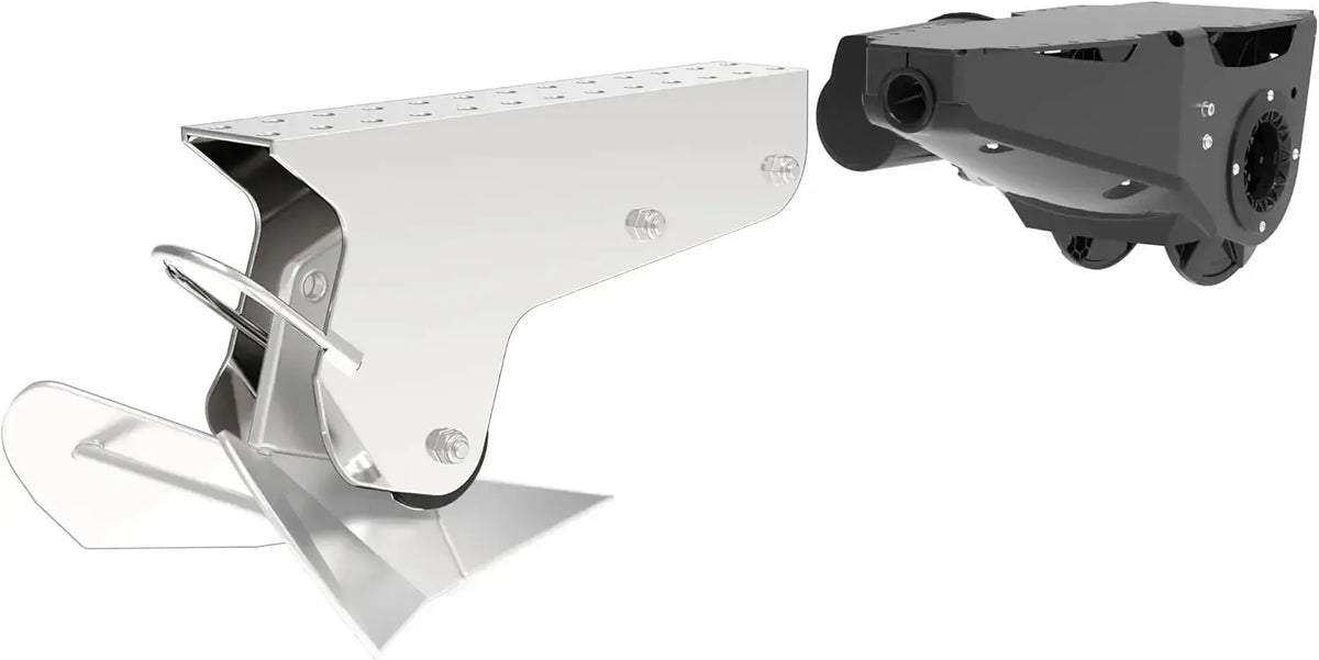 Lewmar Venta electric pontoon anchor winch with silver under-deck housing and black motor.