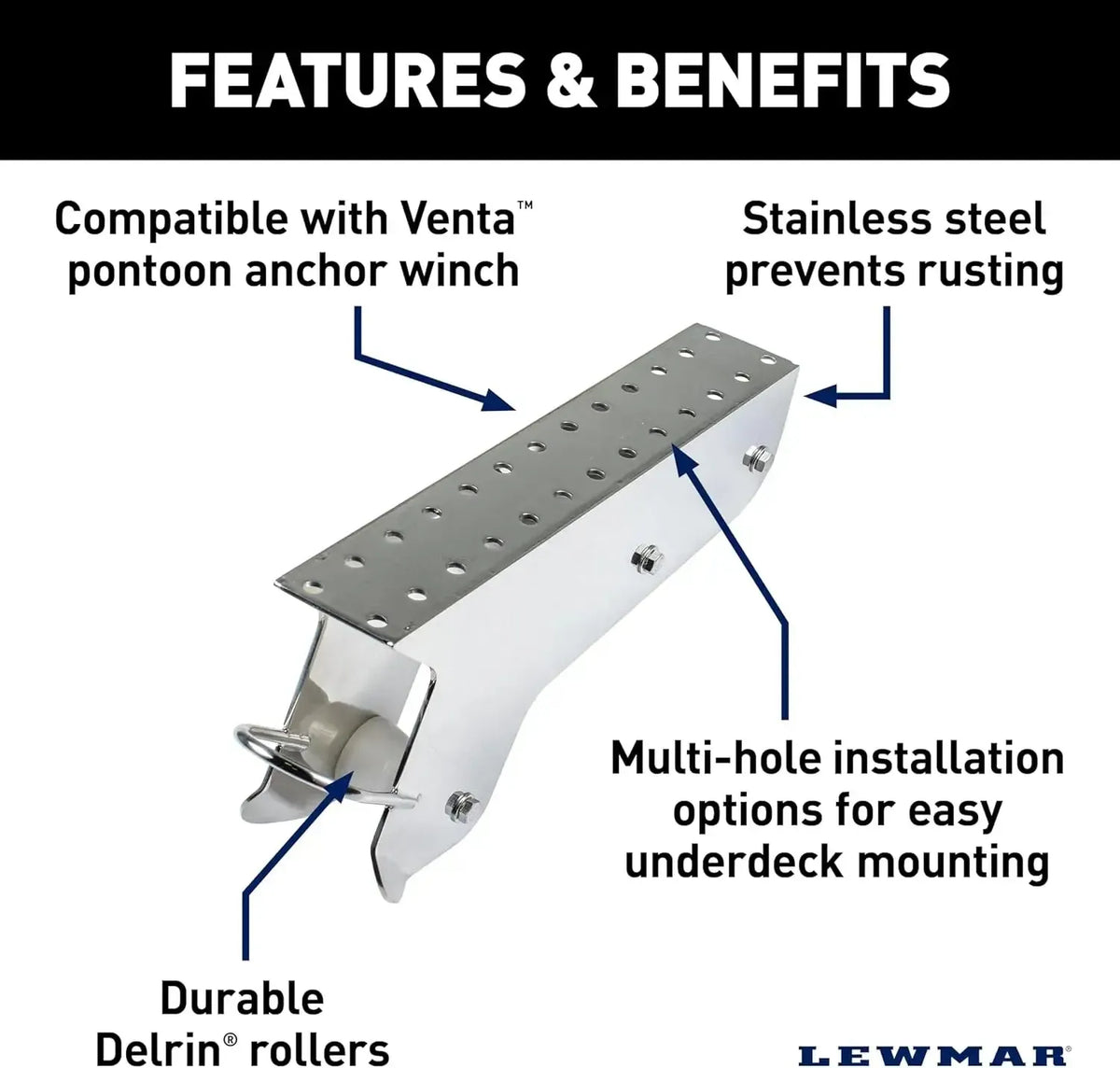 Silver stainless steel pontoon anchor winch bracket with multi-hole mounting and durable Delrin rollers.