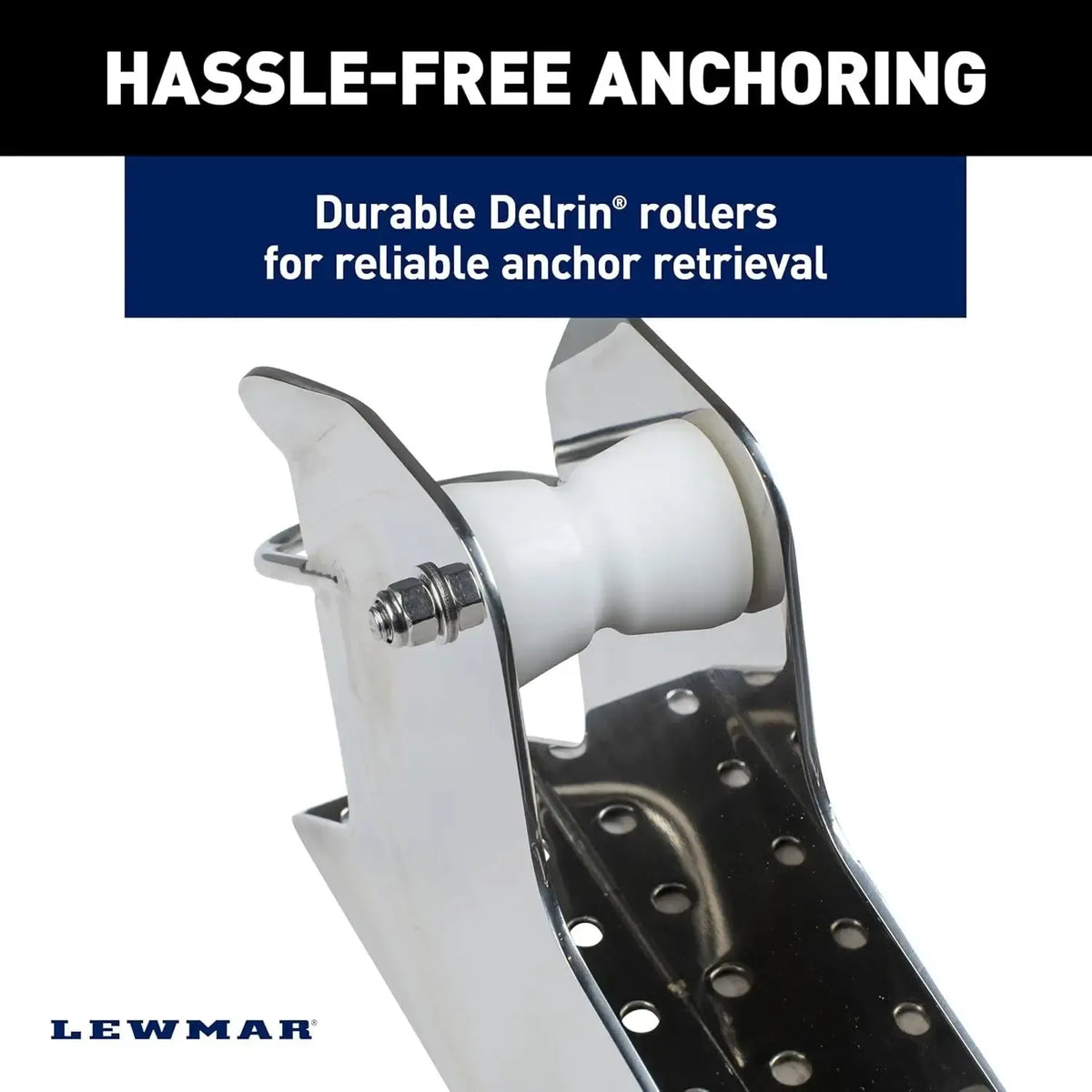 Lewmar Venta pontoon anchor winch with polished stainless steel frame and white Delrin rollers.