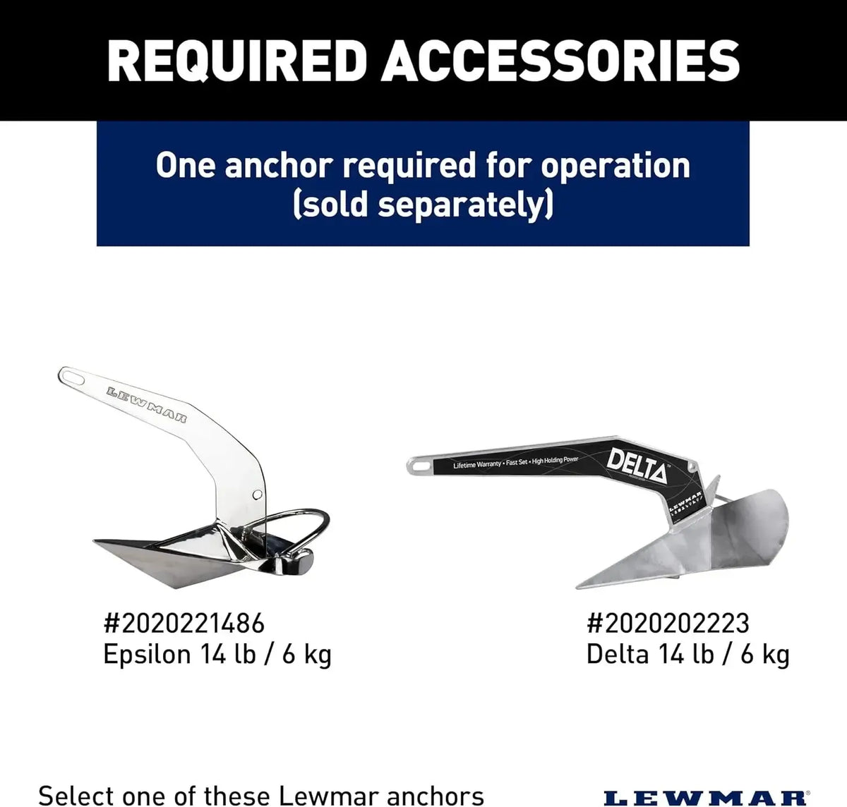 Two Lewmar anchors: a silver Epsilon and a black and silver Delta, both 14 lb / 6 kg.