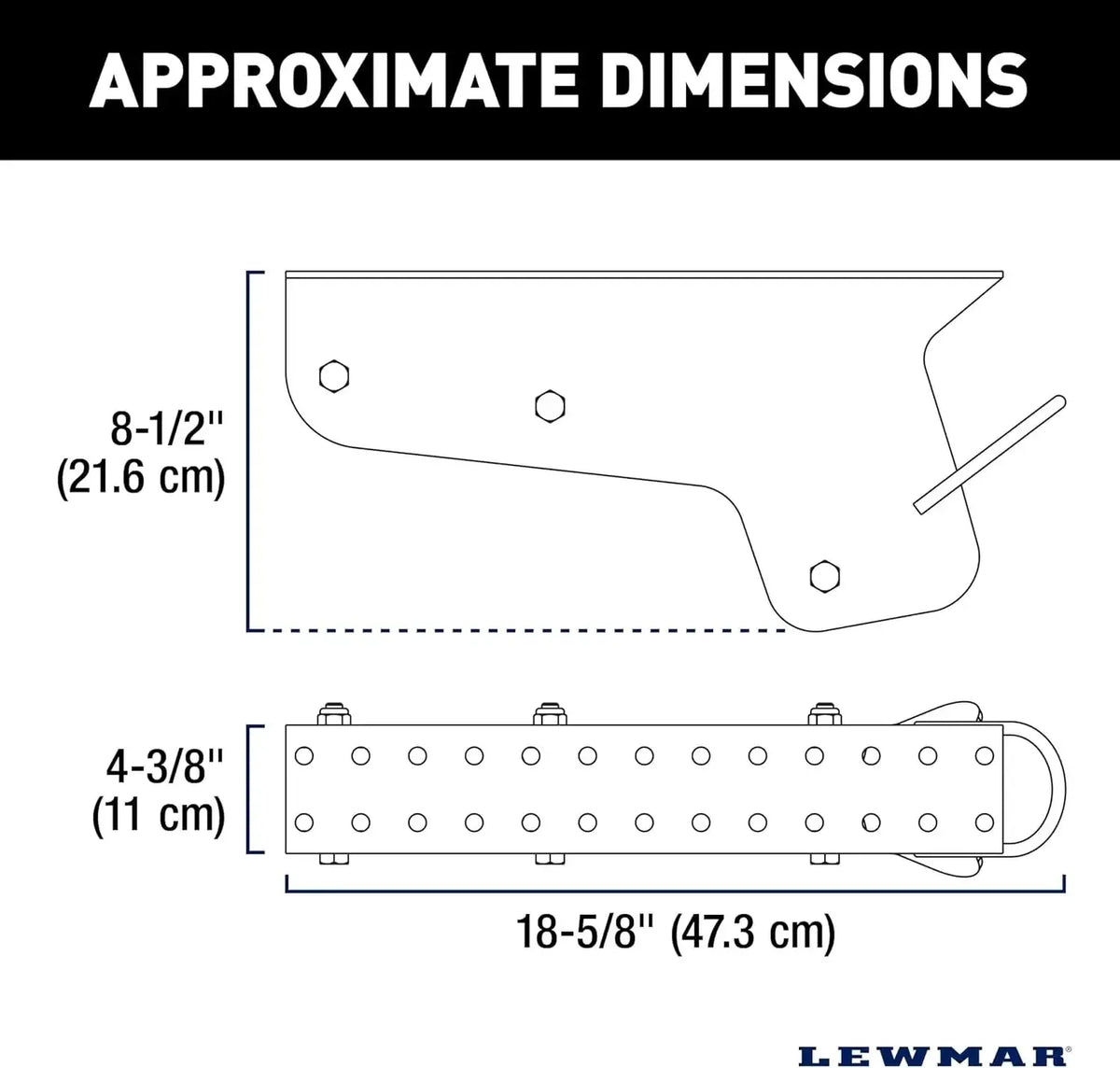 Lewmar Venta electric pontoon anchor winch dimensions: 18-5/8" long, 8-1/2" tall, 4-3/8" wide.