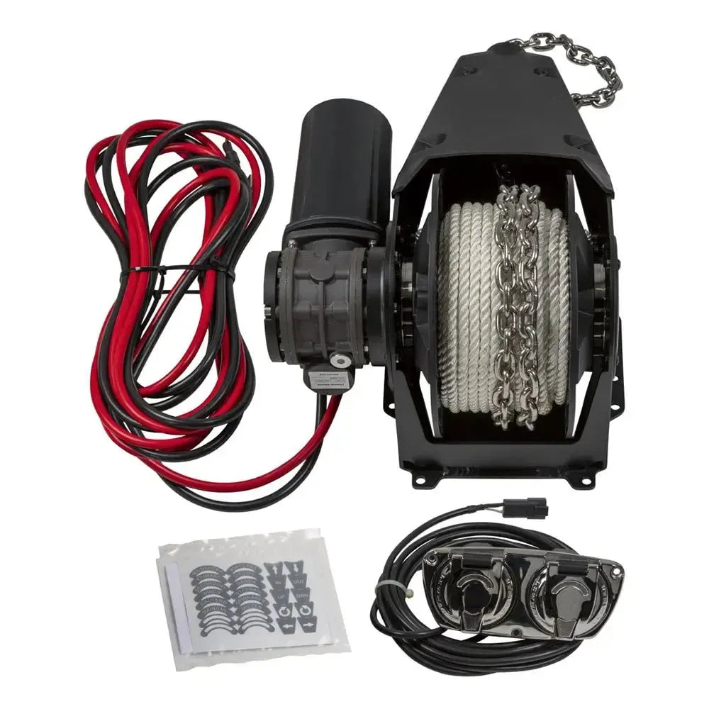 Lewmar Venta pontoon anchor winch with black housing, motor, white rope, chain, red/black cables, and foot switch.
