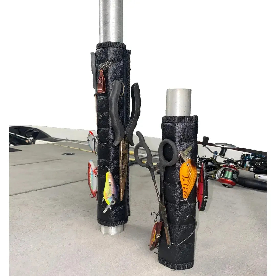 Black Magnalure magnetic wraps on boat pedestals, holding fishing lures, pliers, and scissors.