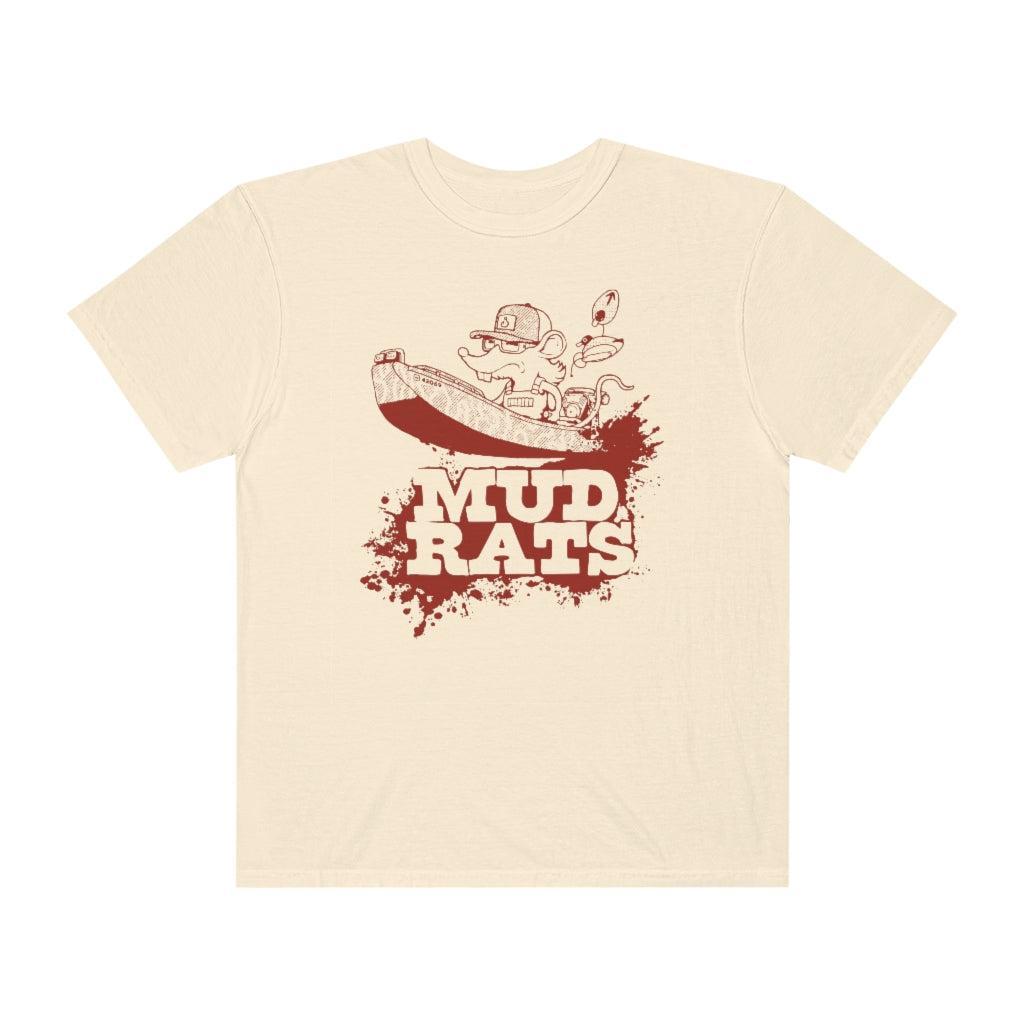 A cream-colored t-shirt with a red and brown 'Mud Rats' graphic on the front,  set against a plain white background.